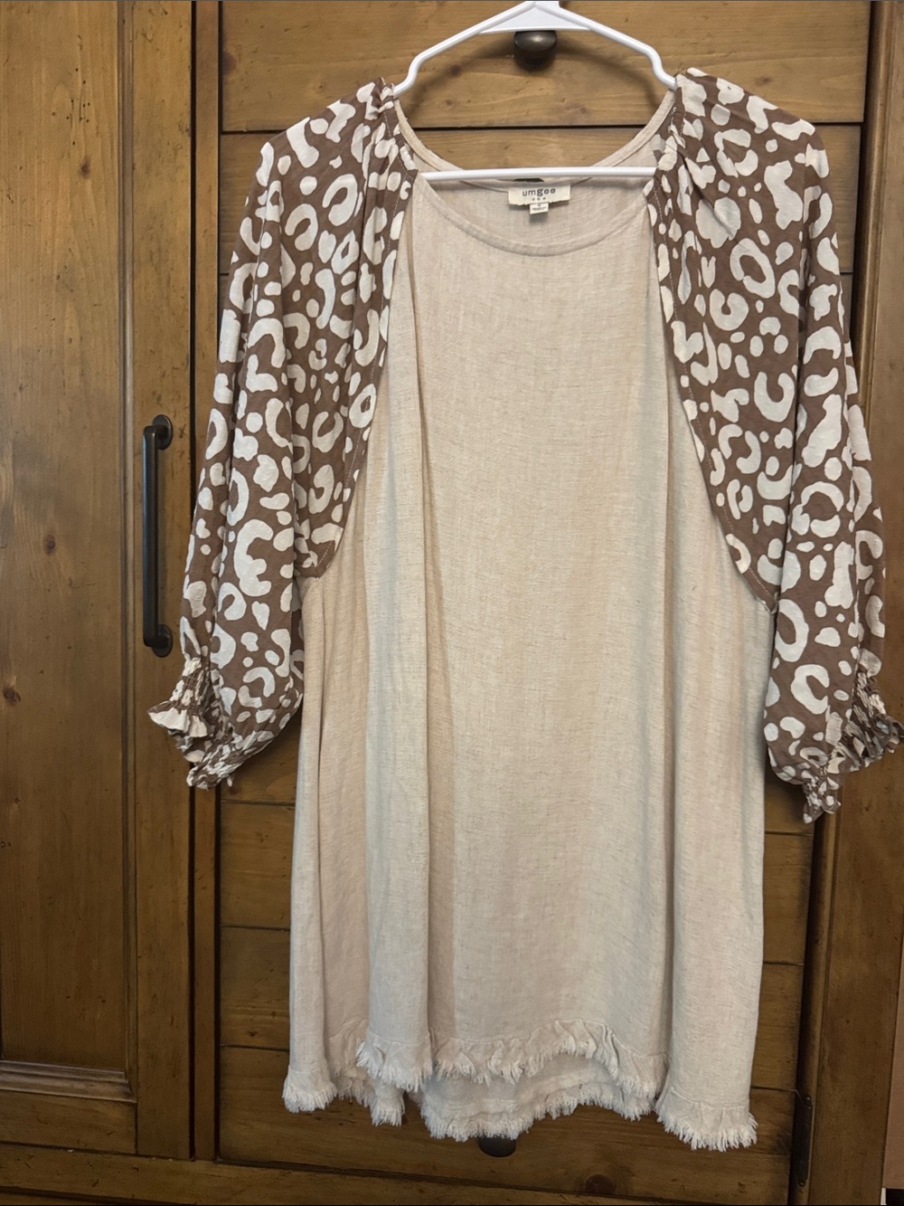 Umgee Cream Tunic with Brown Leopard-Sleeve Accents